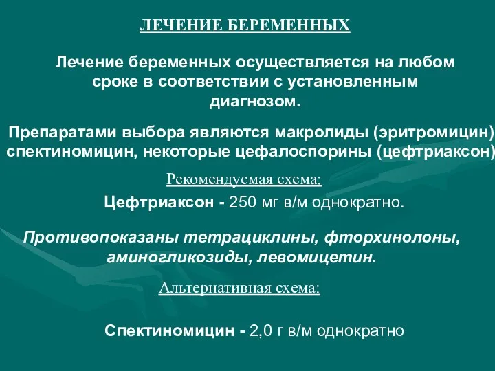 ЛЕЧЕНИЕ БЕРЕМЕННЫХ Рекомендуемая схема: Альтернативная схема: Лечение беременных осуществляется на любом