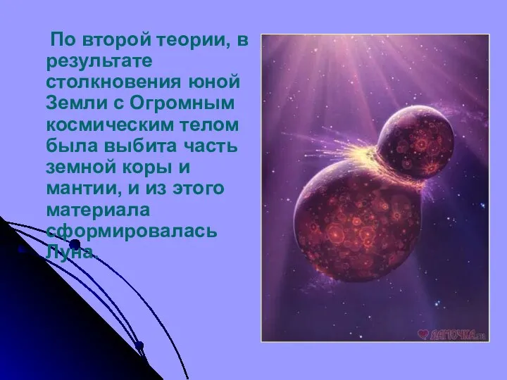 По второй теории, в результате столкновения юной Земли с Огромным космическим