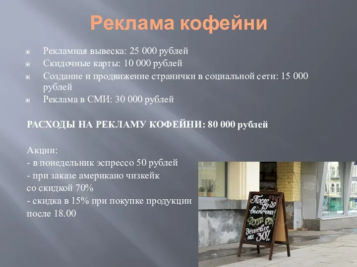 Реклама кофейни Рекламная вывеска: 25 000 рублей Скидочные карты: 10 000