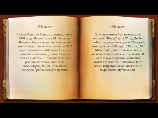 «Мещане» Впервые роман был напечатан в журнале "Пчела" за 1877 год