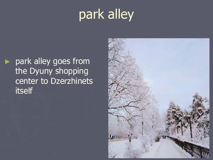 park alley park alley goes from the Dyuny shopping center to Dzerzhinets itself