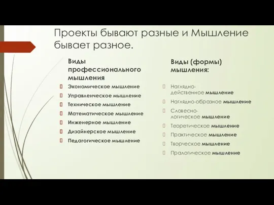 Проекты бывают разные и Мышление бывает разное. Виды профессионального мышления Экономическое