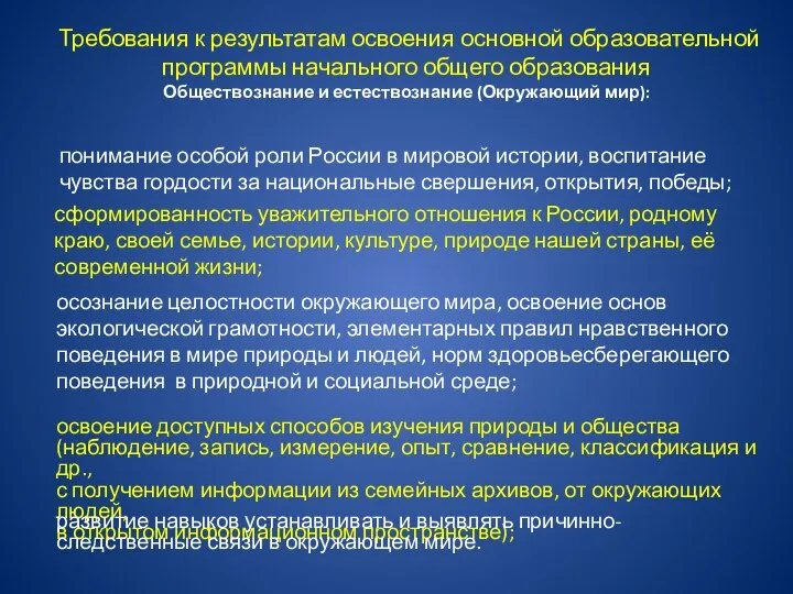 Требования к результатам освоения основной образовательной программы начального общего образования Обществознание