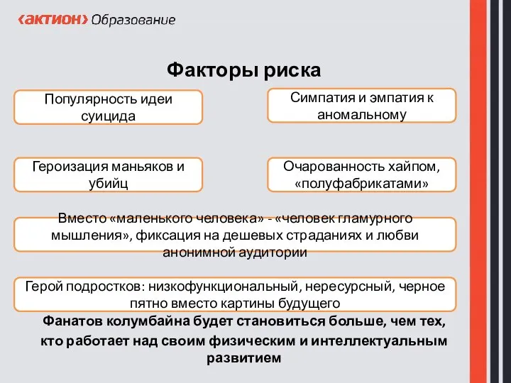 Факторы риска Фанатов колумбайна будет становиться больше, чем тех, кто работает