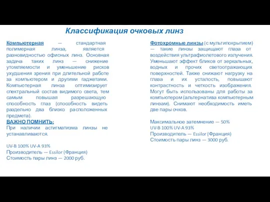 Классификация очковых линз Компьютерная — стандартная полимерная линза, является разновидностью офисных