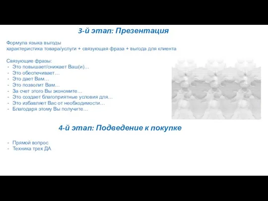 3-й этап: Презентация Формула языка выгоды характеристика товара/услуги + связующая фраза