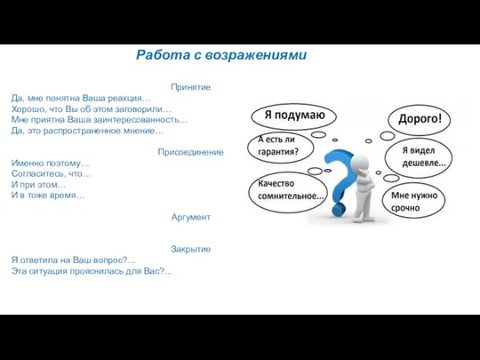 Работа с возражениями Принятие Да, мне понятна Ваша реакция… Хорошо, что