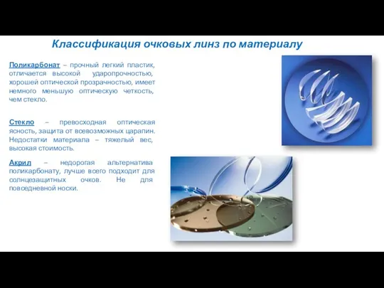 Классификация очковых линз по материалу Поликарбонат – прочный легкий пластик, отличается