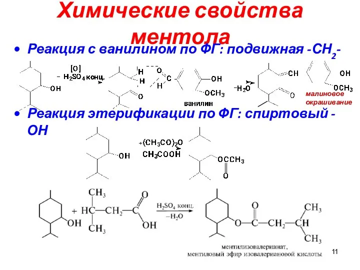 Химические свойства ментола Реакция с ванилином по ФГ: подвижная -СН2- Реакция