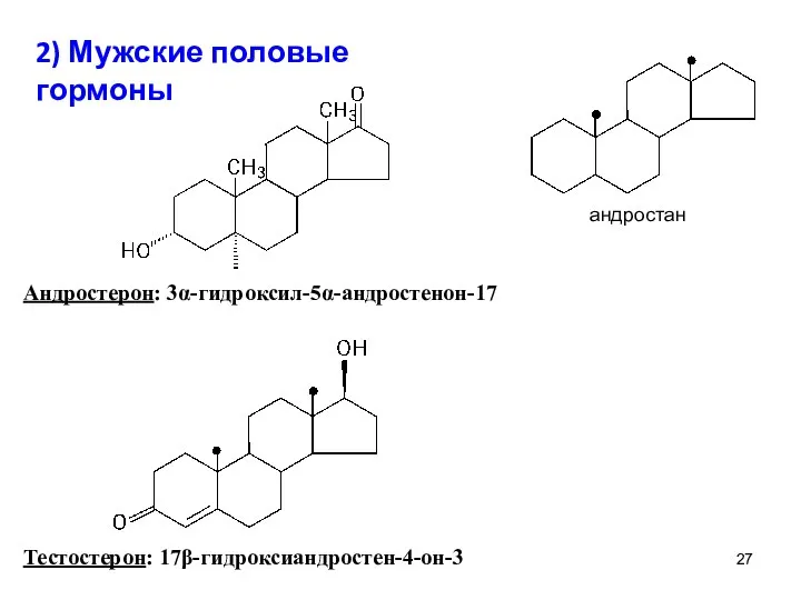 2) Мужские половые гормоны Андростерон: 3α-гидроксил-5α-андростенон-17 Тестостерон: 17β-гидроксиандростен-4-он-3 андростан