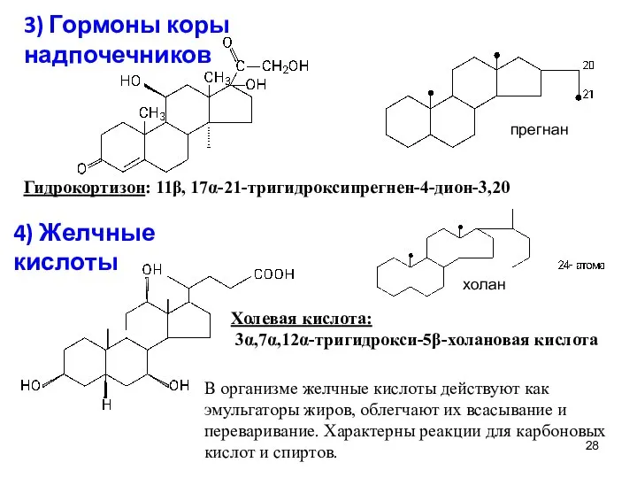 3) Гормоны коры надпочечников Гидрокортизон: 11β, 17α-21-тригидроксипрегнен-4-дион-3,20 4) Желчные кислоты В
