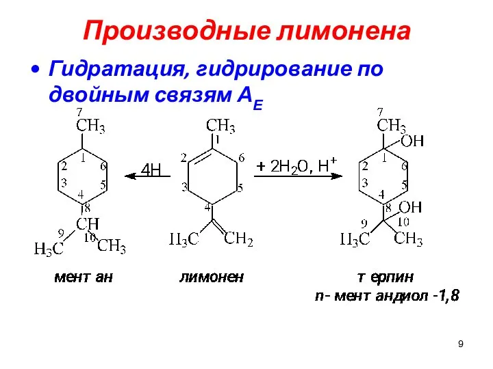 Производные лимонена Гидратация, гидрирование по двойным связям АЕ