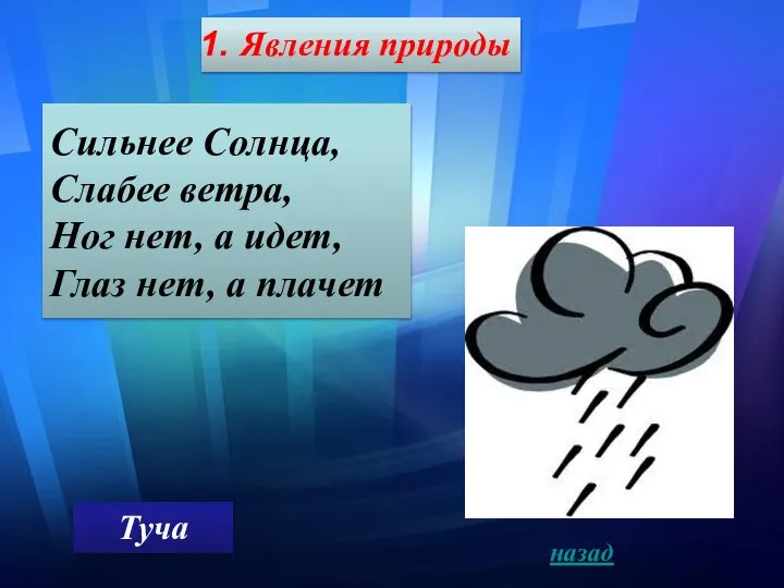 Явления природы Сильнее Солнца, Слабее ветра, Ног нет, а идет, Глаз нет, а плачет Туча назад