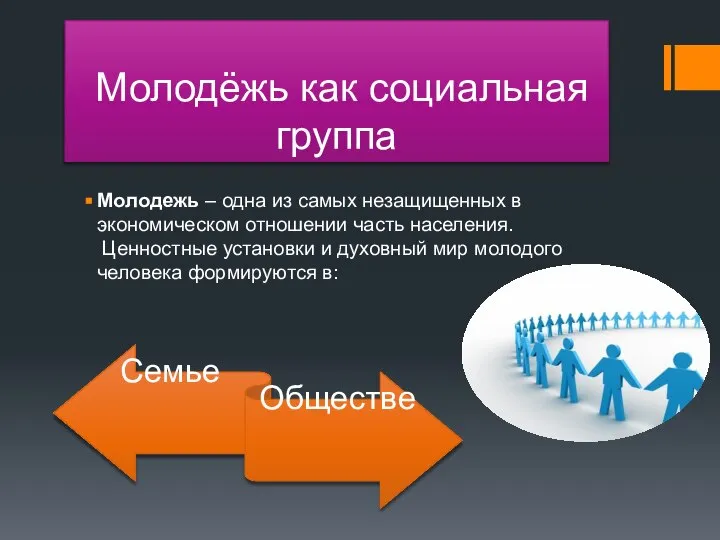 Молодёжь как социальная группа Молодежь – одна из самых незащищенных в