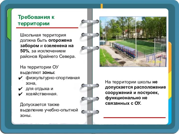 Требования к территории Школьная территория должна быть огорожена забором и озеленена