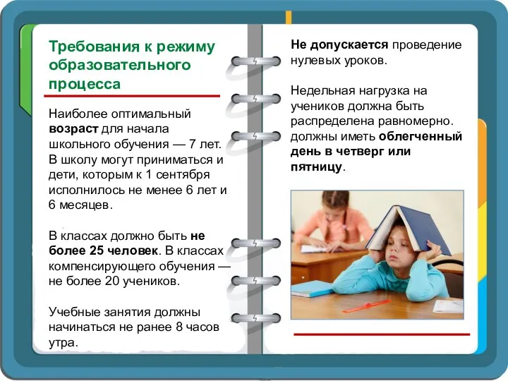 Требования к режиму образовательного процесса Наиболее оптимальный возраст для начала школьного