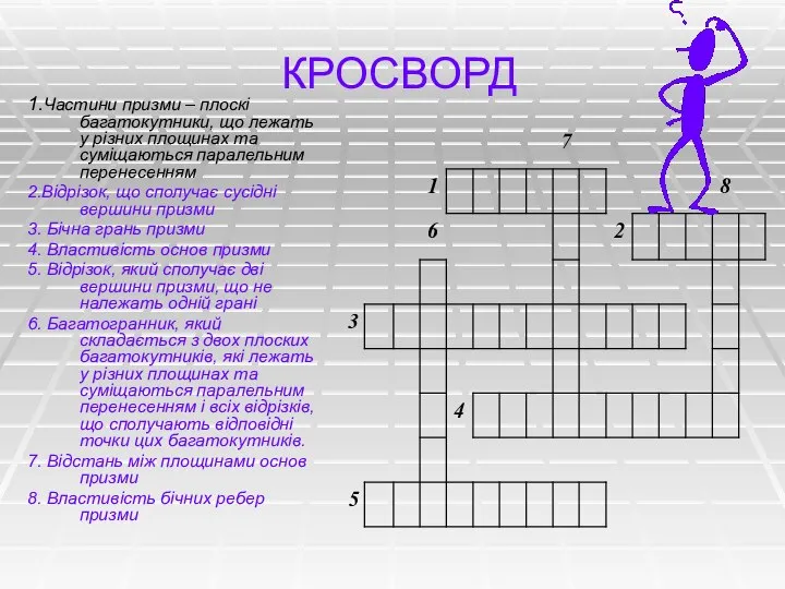 КРОСВОРД 1.Частини призми – плоскі багатокутники, що лежать у різних площинах