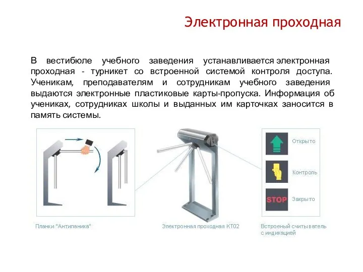 Электронная проходная В вестибюле учебного заведения устанавливается электронная проходная - турникет