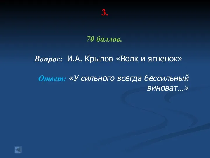 3. 70 баллов. Вопрос: И.А. Крылов «Волк и ягненок» Ответ: «У сильного всегда бессильный виноват…»