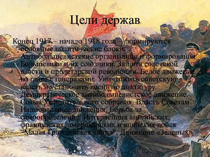 Цели держав Конец 1917 – начало 1918 года – формируются основные