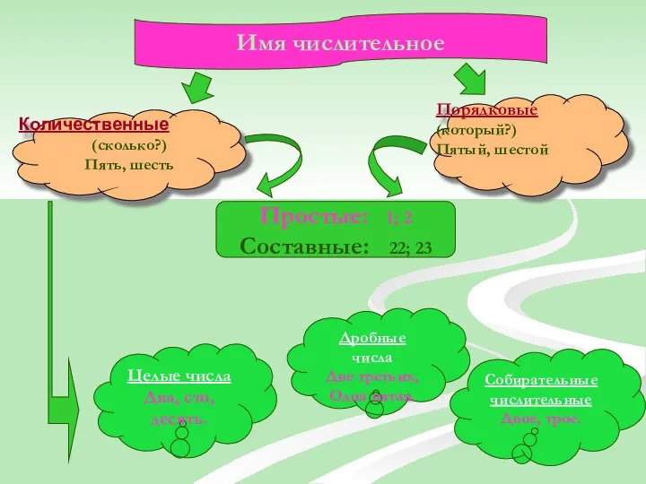 Имя числительное Порядковые (который?) Пятый, шестой Количественные (сколько?) Пять, шесть Простые: