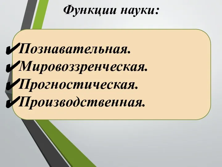 Функции науки: Познавательная. Мировоззренческая. Прогностическая. Производственная.