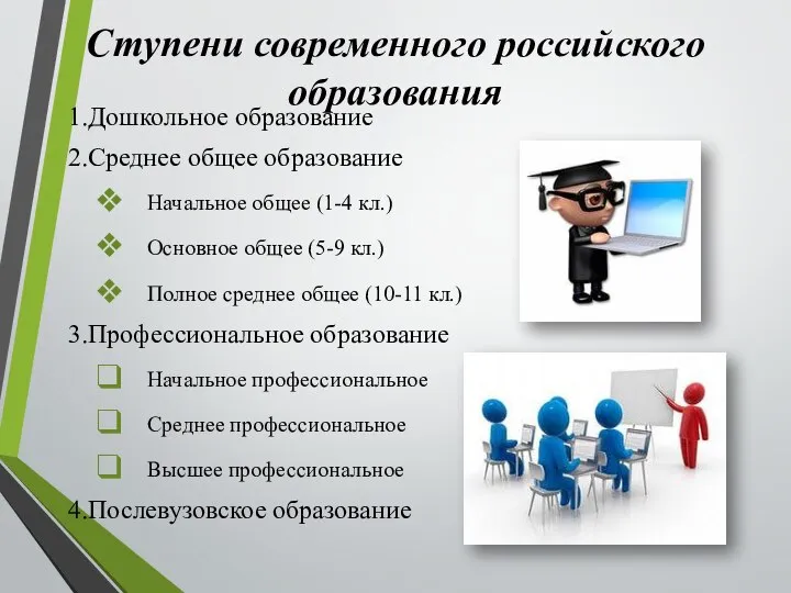 1.Дошкольное образование 2.Среднее общее образование Начальное общее (1-4 кл.) Основное общее