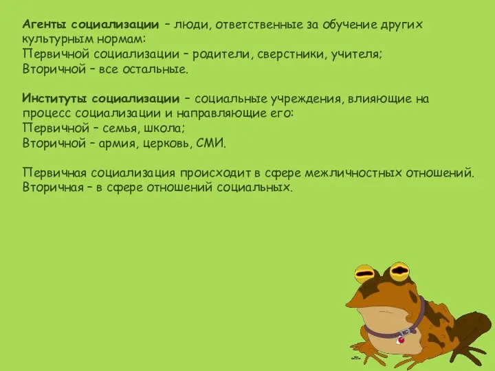 Агенты социализации – люди, ответственные за обучение других культурным нормам: Первичной