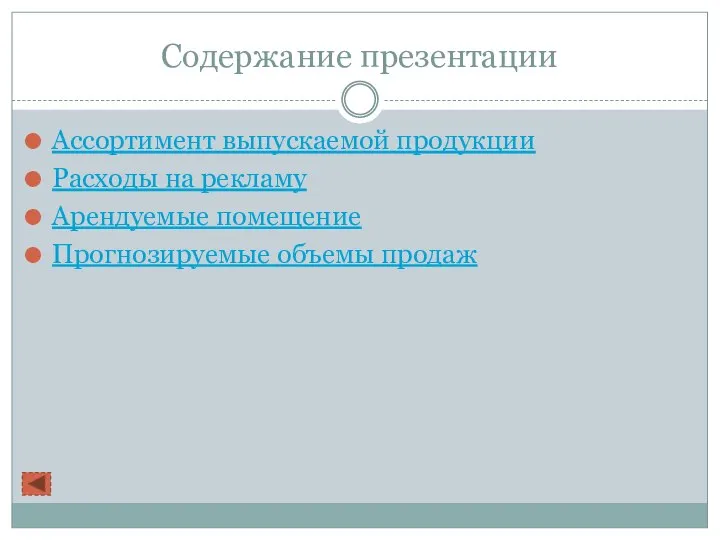 Содержание презентации Ассортимент выпускаемой продукции Расходы на рекламу Арендуемые помещение Прогнозируемые объемы продаж