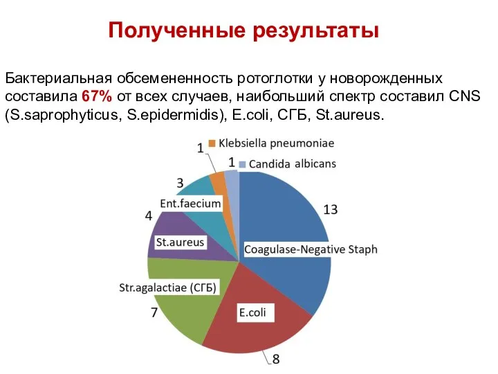 Полученные результаты Бактериальная обсемененность ротоглотки у новорожденных составила 67% от всех