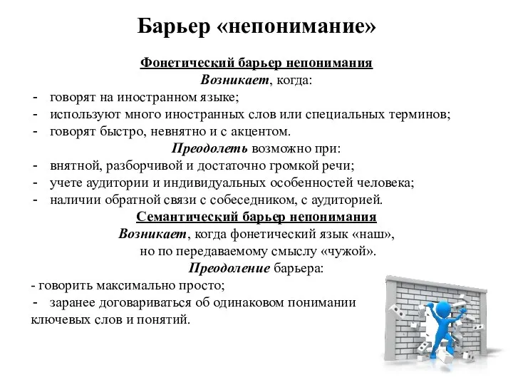 Барьер «непонимание» Фонетический барьер непонимания Возникает, когда: говорят на иностранном языке;