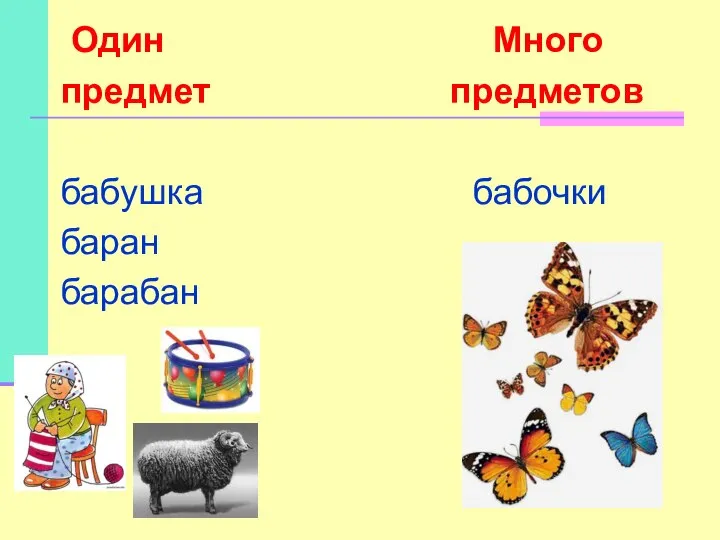 Один Много предмет предметов бабушка бабочки баран барабан