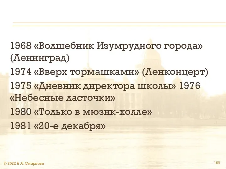 1968 «Волшебник Изумрудного города» (Ленинград) 1974 «Вверх тормашками» (Ленконцерт) 1975 «Дневник