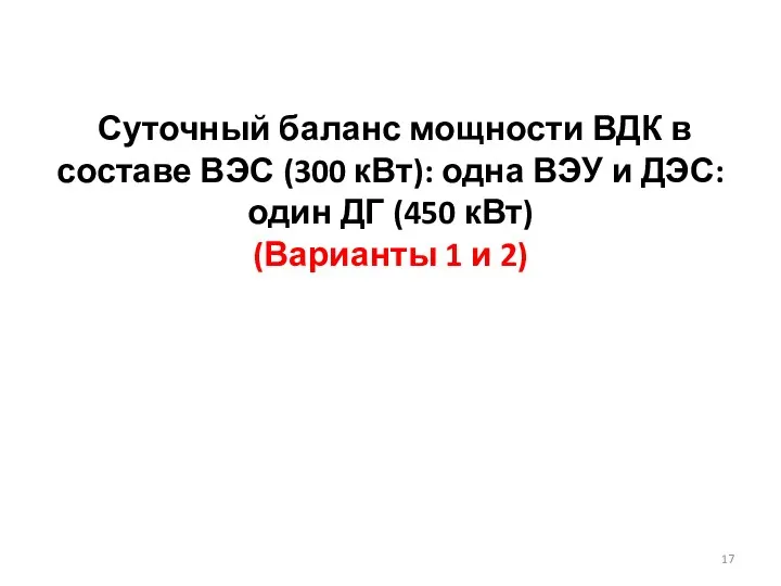 Суточный баланс мощности ВДК в составе ВЭС (300 кВт): одна ВЭУ