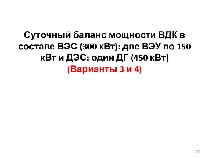 Суточный баланс мощности ВДК в составе ВЭС (300 кВт): две ВЭУ