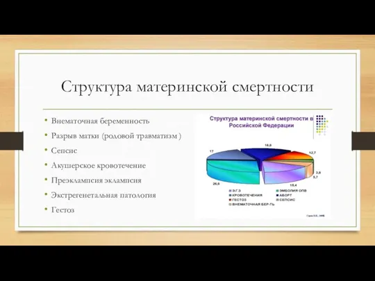 Структура материнской смертности Внематочная беременность Разрыв матки (родовой травматизм ) Сепсис