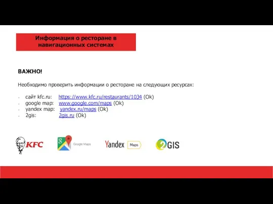 Информация о ресторане в навигационных системах ВАЖНО! Необходимо проверить информации о