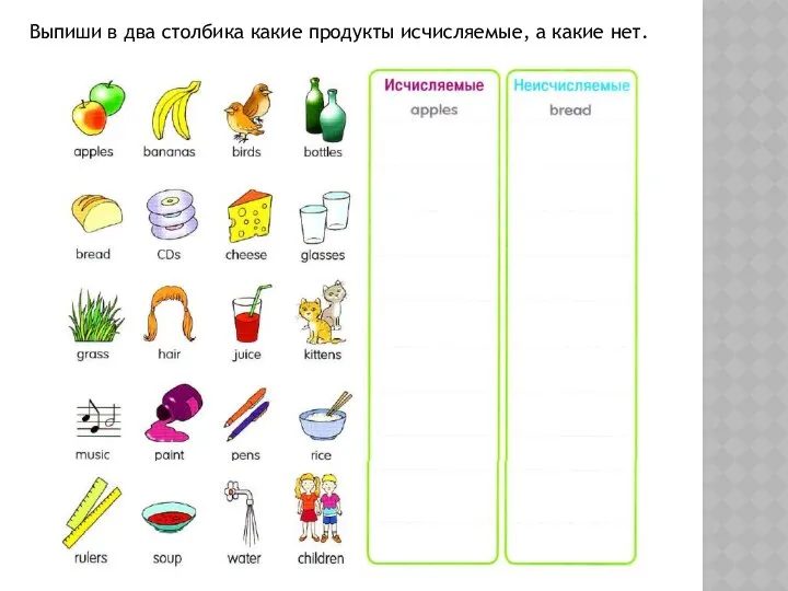 Выпиши в два столбика какие продукты исчисляемые, а какие нет.