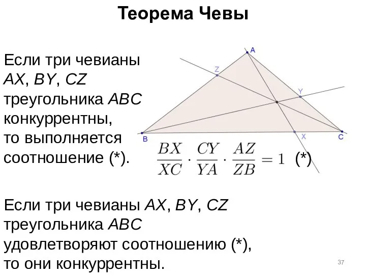 Теорема Чевы Если три чевианы AX, BY, CZ треугольника ABC конкуррентны,