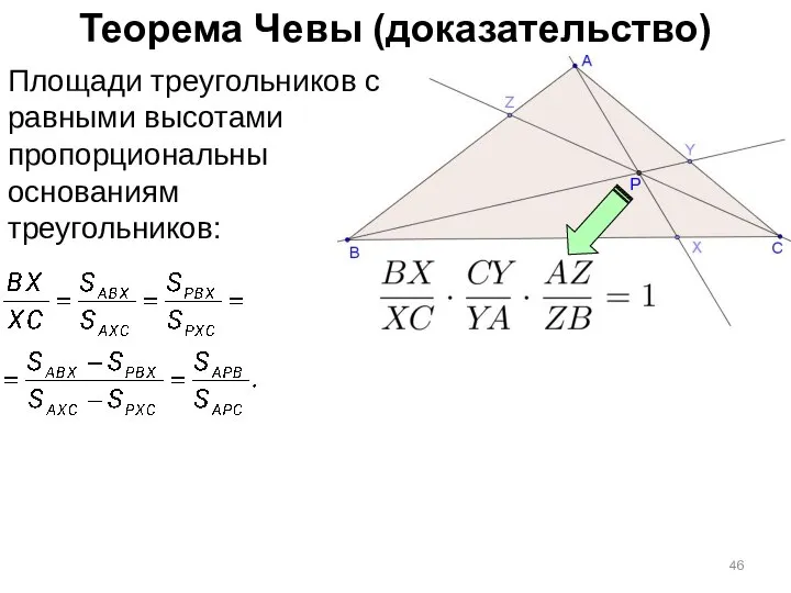 Теорема Чевы (доказательство) Площади треугольников с равными высотами пропорциональны основаниям треугольников: