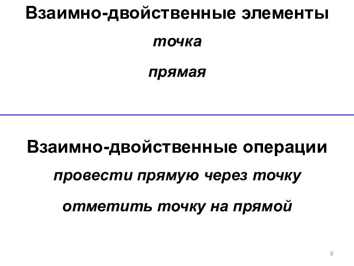 Взаимно-двойственные элементы точка прямая Взаимно-двойственные операции провести прямую через точку отметить точку на прямой