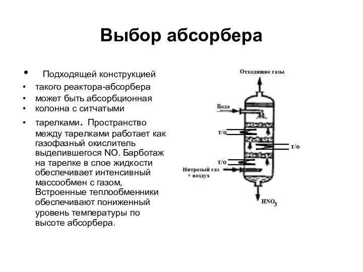 Выбор абсорбера Подходящей конструкцией такого реактора-абсорбера может быть абсорбционная колонна с