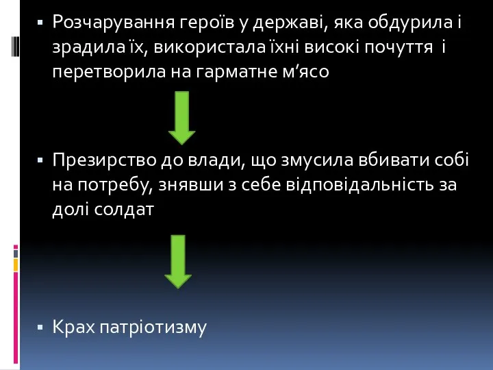 Розчарування героїв у державі, яка обдурила і зрадила їх, використала їхні