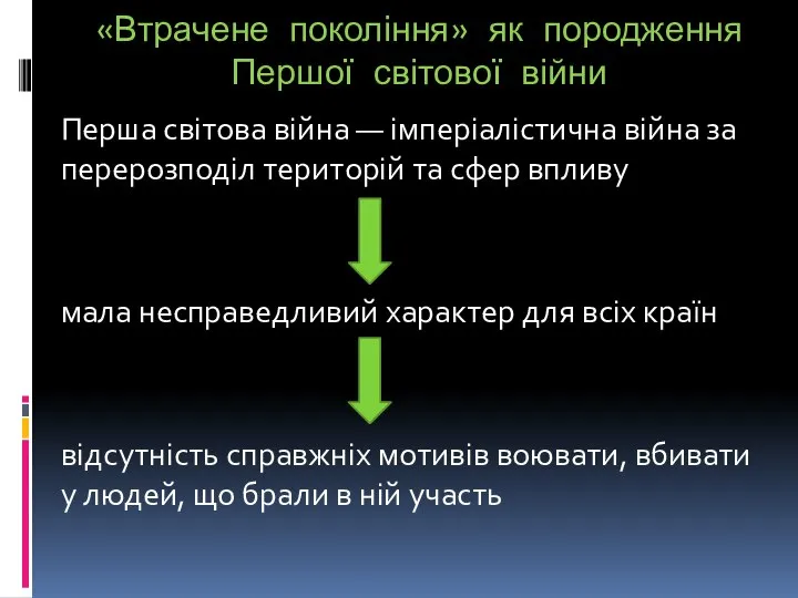 «Втрачене покоління» як породження Першої світової війни Перша світова війна —