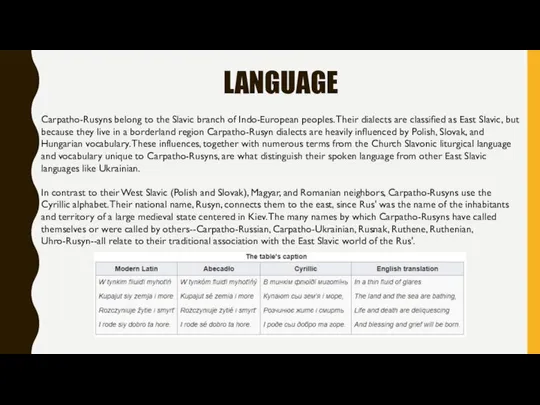 LANGUAGE Carpatho-Rusyns belong to the Slavic branch of Indo-European peoples. Their