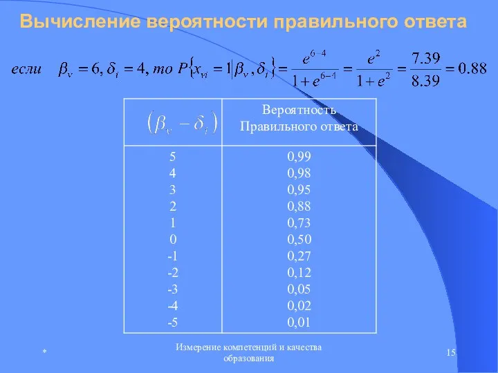 * Измерение компетенций и качества образования Вычисление вероятности правильного ответа