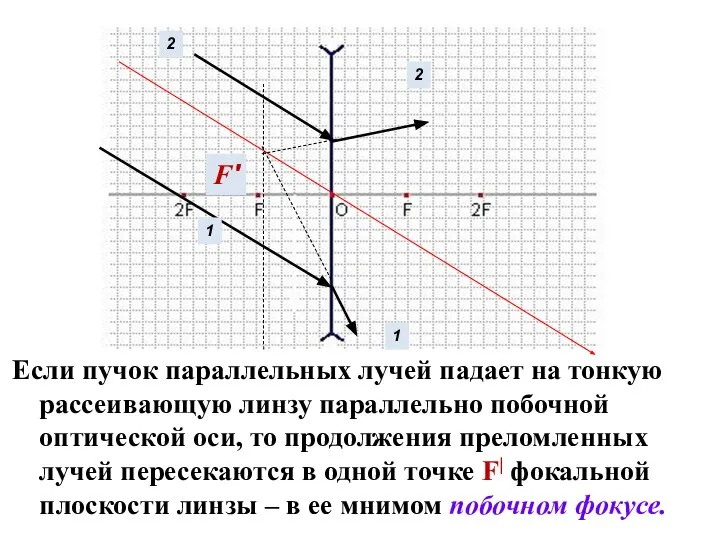 Если пучок параллельных лучей падает на тонкую рассеивающую линзу параллельно побочной