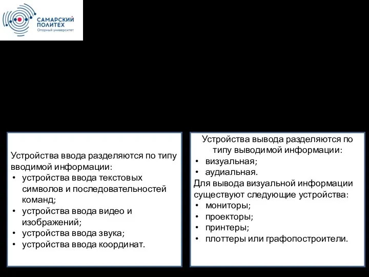 Устройства ввода Устройства вывода Периферийные (внешние) устройства Устройства вывода разделяются по