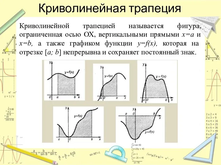 Криволинейная трапеция Криволинейной трапецией называется фигура, ограниченная осью ОХ, вертикальными прямыми