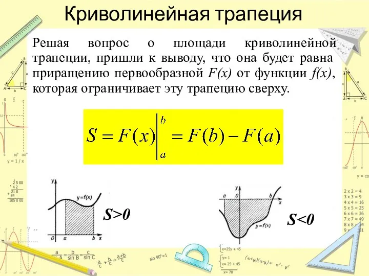 Криволинейная трапеция Решая вопрос о площади криволинейной трапеции, пришли к выводу,